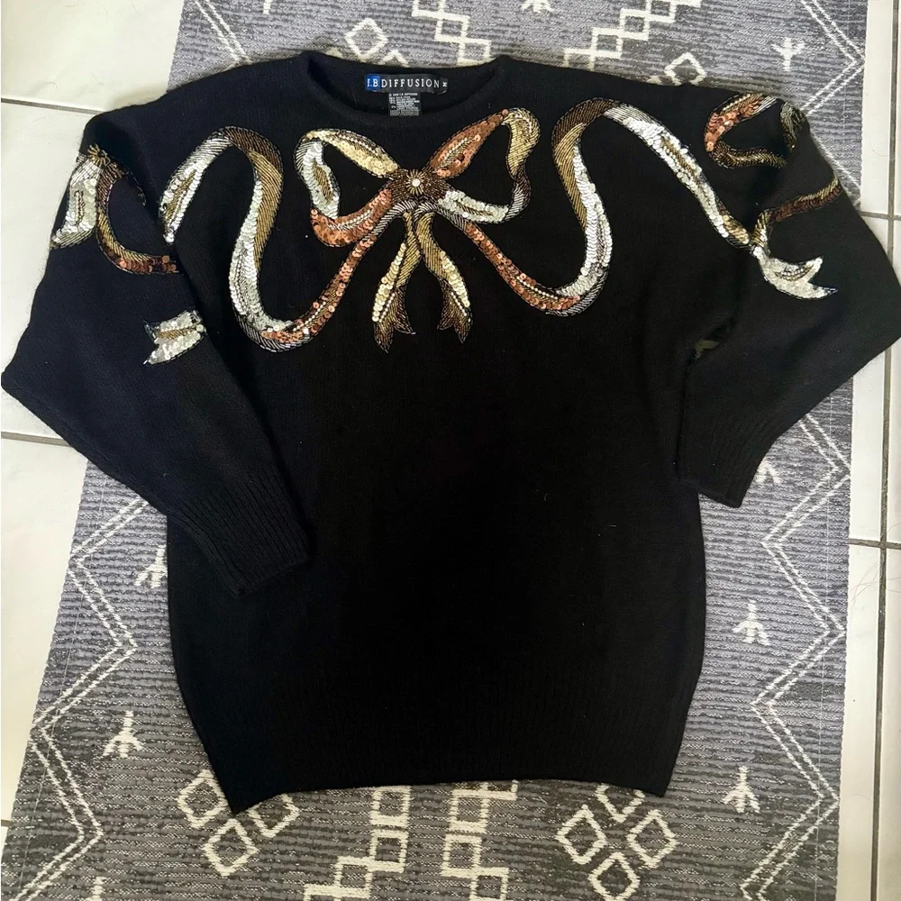Vintage I.B. Diffusion Beaded Sequin Bow Angora Silk Lambswool Sweater Crewneck - Picture 1 of 6